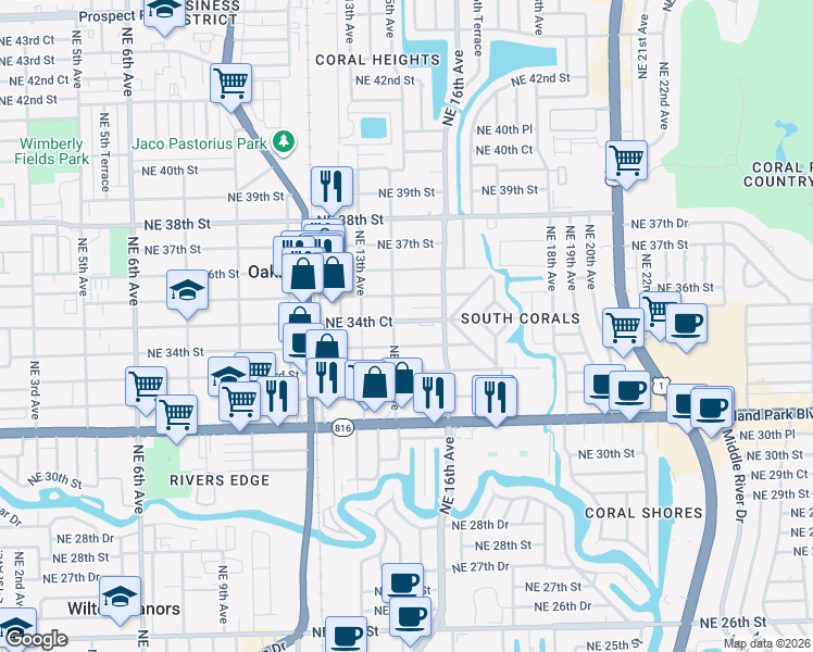 map of restaurants, bars, coffee shops, grocery stores, and more near 1498 Northeast 34th Court in Oakland Park