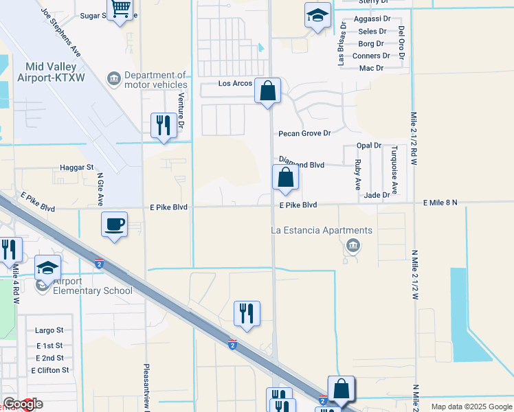 map of restaurants, bars, coffee shops, grocery stores, and more near 3620 East Pike Boulevard in Weslaco