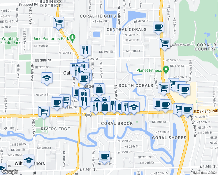 map of restaurants, bars, coffee shops, grocery stores, and more near 1570 Northeast 34th Court in Oakland Park