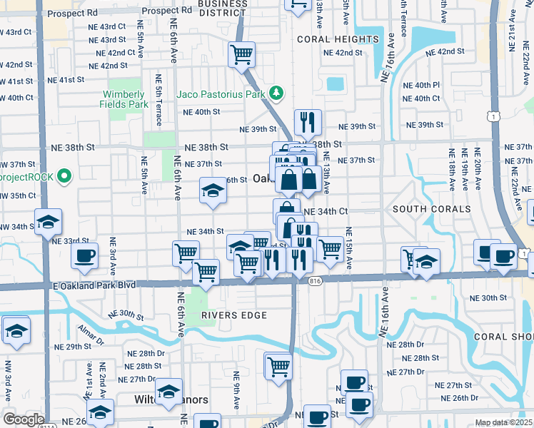 map of restaurants, bars, coffee shops, grocery stores, and more near 1074 Northeast 34th Court in Oakland Park