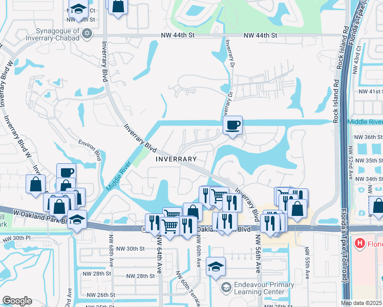 map of restaurants, bars, coffee shops, grocery stores, and more near 3680 Inverrary Drive in Lauderhill