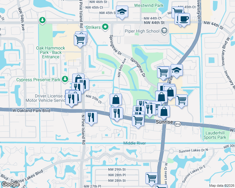 map of restaurants, bars, coffee shops, grocery stores, and more near 3709 Northwest 84th Avenue in Sunrise