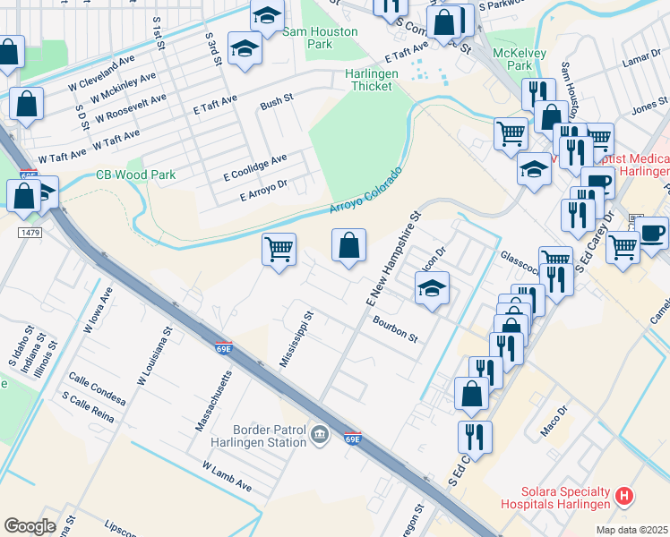 map of restaurants, bars, coffee shops, grocery stores, and more near 3413 North Arroyo Park Lane in Harlingen