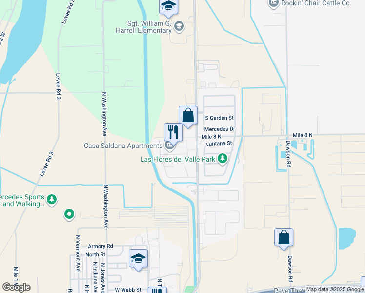 map of restaurants, bars, coffee shops, grocery stores, and more near 1225 North Baseline Road in Mercedes