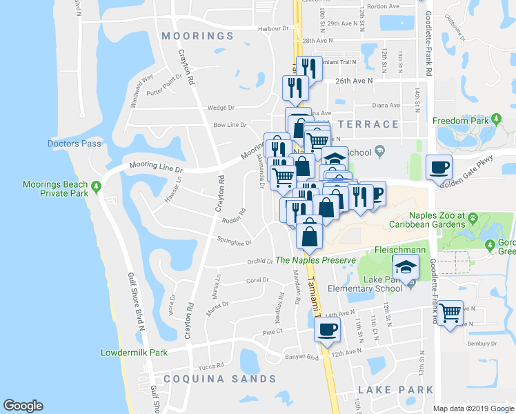 map of restaurants, bars, coffee shops, grocery stores, and more near 1963 Alamanda Drive in Naples