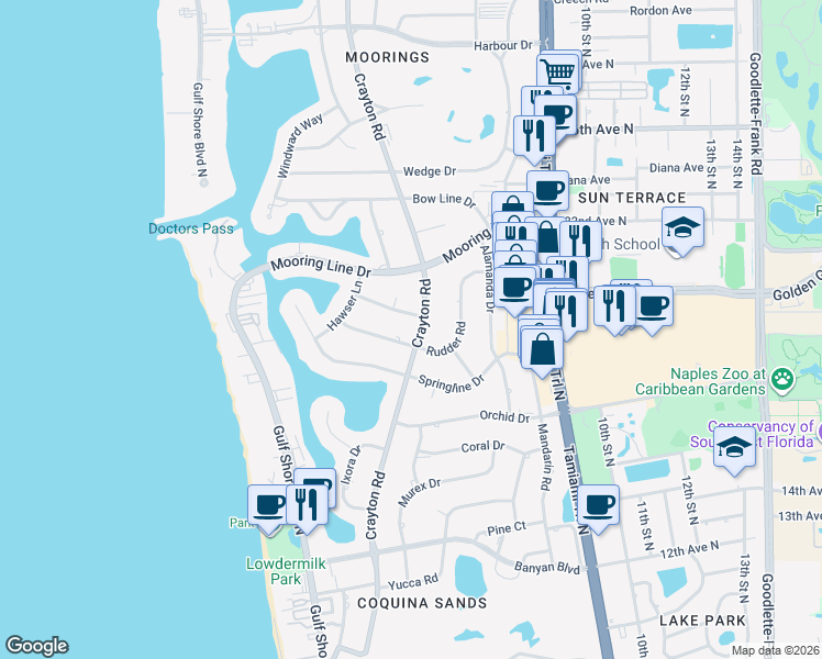 map of restaurants, bars, coffee shops, grocery stores, and more near 479 Rudder Road in Naples