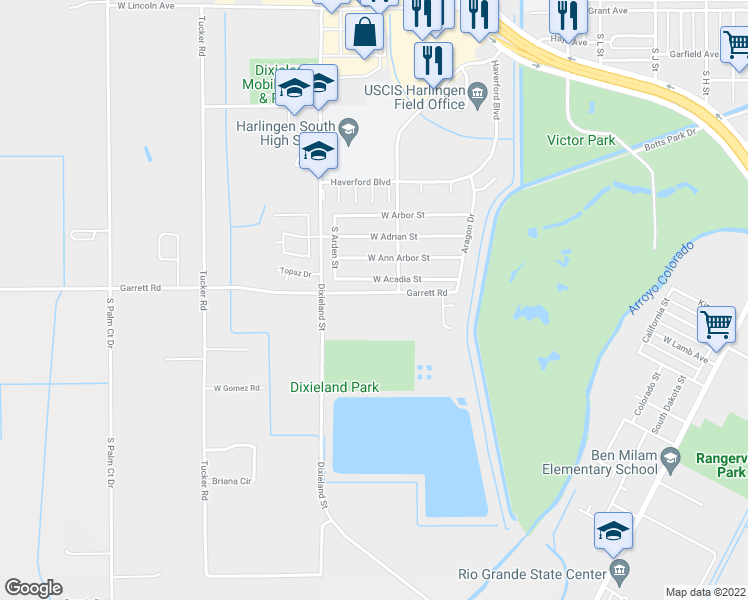 map of restaurants, bars, coffee shops, grocery stores, and more near 2202 Garrett Road in Harlingen