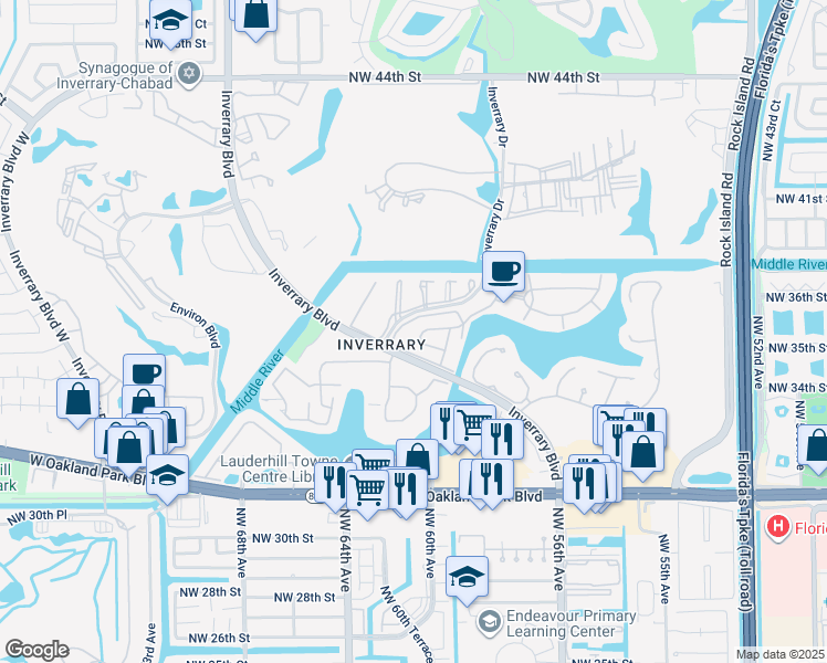 map of restaurants, bars, coffee shops, grocery stores, and more near 3680 Inverrary Drive in Lauderhill