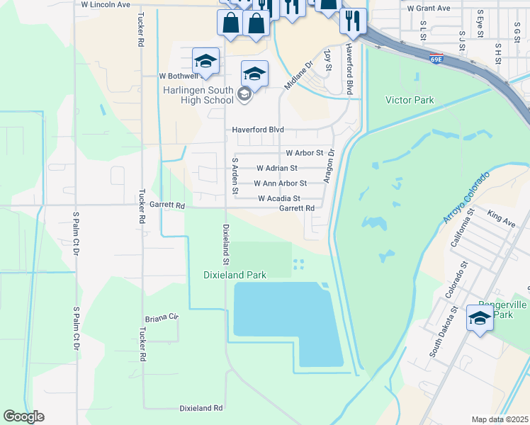map of restaurants, bars, coffee shops, grocery stores, and more near 2202 Garrett Road in Harlingen