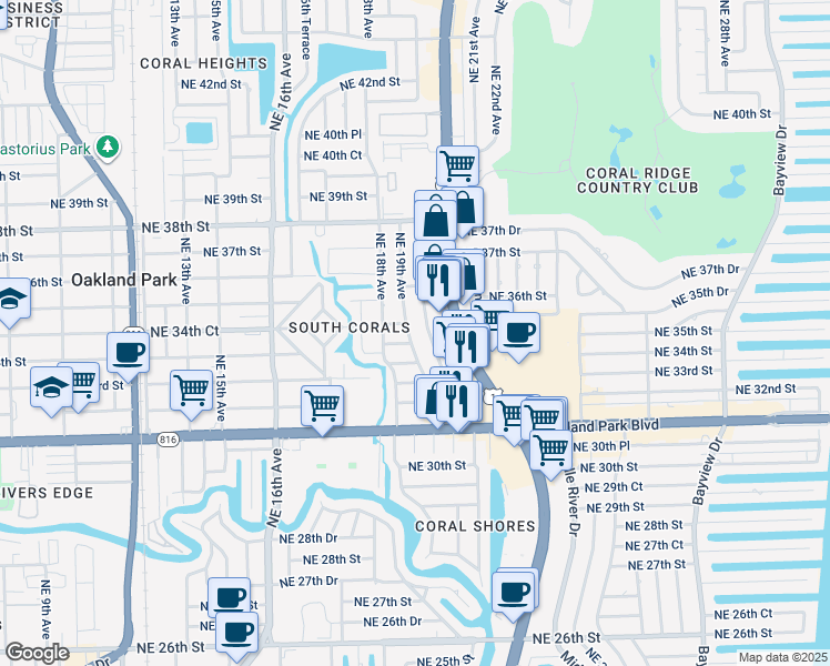 map of restaurants, bars, coffee shops, grocery stores, and more near 3418 Northeast 19th Avenue in Oakland Park