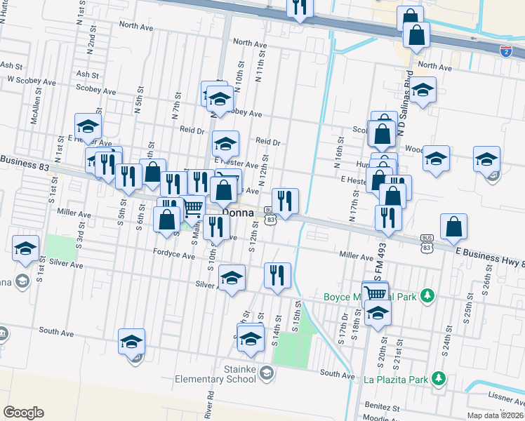 map of restaurants, bars, coffee shops, grocery stores, and more near 1204 Hooks Avenue in Donna