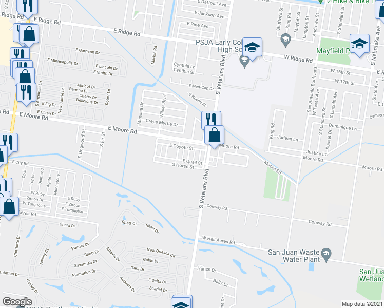 map of restaurants, bars, coffee shops, grocery stores, and more near 1803 South Kumquat Street in Pharr