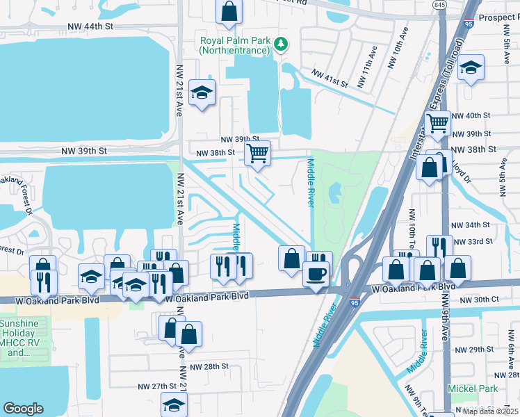 map of restaurants, bars, coffee shops, grocery stores, and more near 1737 Northwest 36th Court in Oakland Park