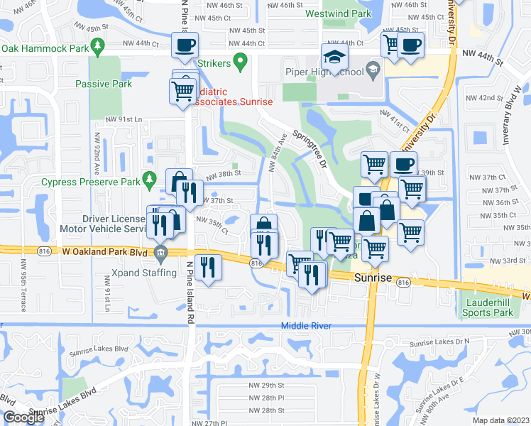map of restaurants, bars, coffee shops, grocery stores, and more near 3709 Northwest 84th Avenue in Sunrise