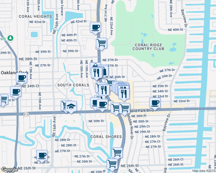 map of restaurants, bars, coffee shops, grocery stores, and more near 3511 Northeast 22nd Avenue in Fort Lauderdale