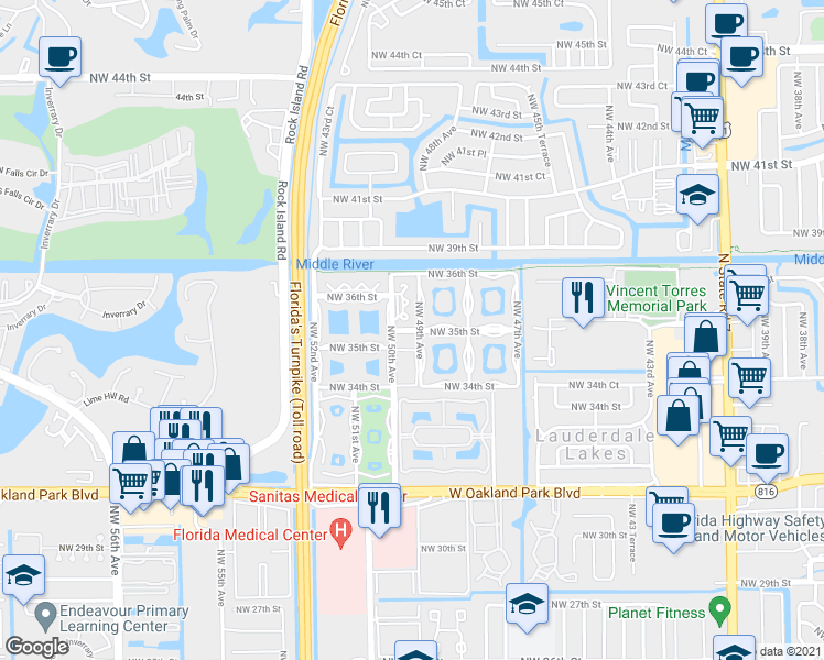 map of restaurants, bars, coffee shops, grocery stores, and more near 4933 Northwest 35th Street in Lauderdale Lakes