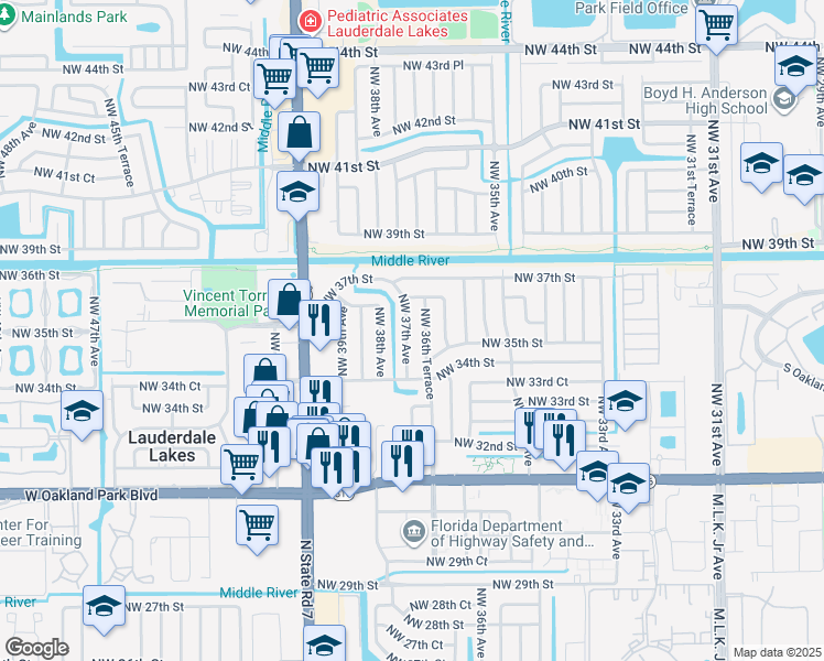 map of restaurants, bars, coffee shops, grocery stores, and more near 3548 Northwest 37th Avenue in Lauderdale Lakes