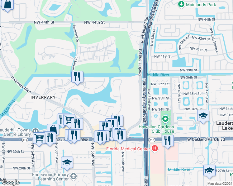 map of restaurants, bars, coffee shops, grocery stores, and more near 5505 Dogwood Way in Tamarac
