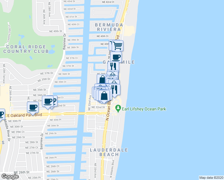map of restaurants, bars, coffee shops, grocery stores, and more near 3414 Florida A1A in Fort Lauderdale