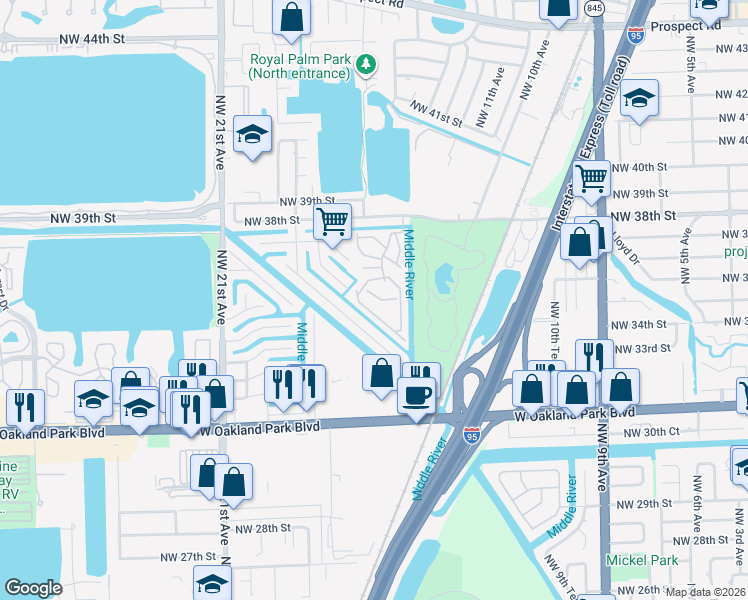 map of restaurants, bars, coffee shops, grocery stores, and more near 116 Royal Park Drive in Oakland Park