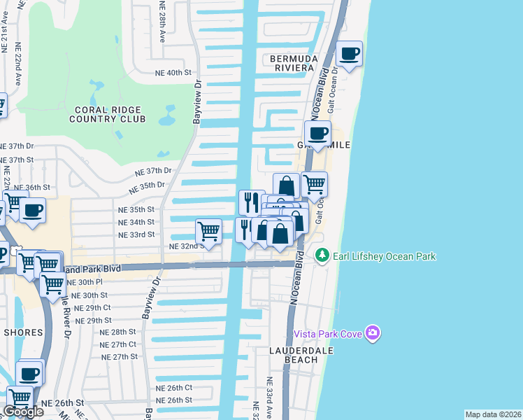 map of restaurants, bars, coffee shops, grocery stores, and more near 3233 Northeast 34th Street in Fort Lauderdale