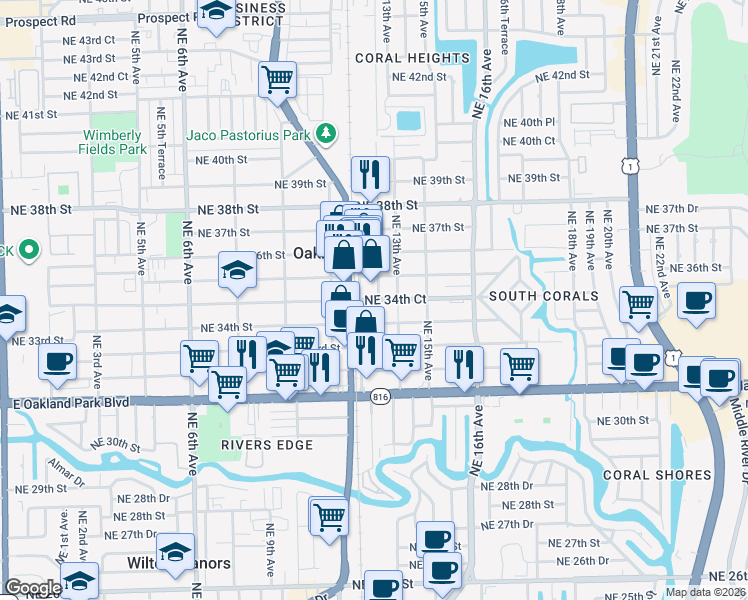 map of restaurants, bars, coffee shops, grocery stores, and more near 1240 Northeast 34th Court in Oakland Park