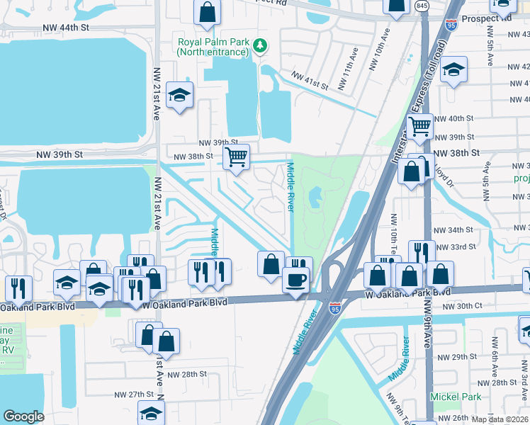 map of restaurants, bars, coffee shops, grocery stores, and more near 116 Royal Park Drive in Oakland Park