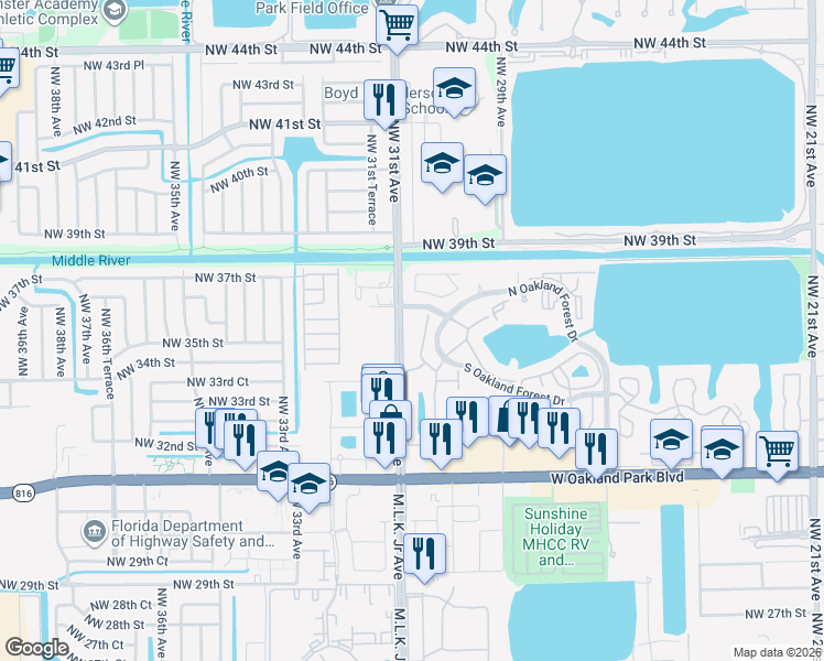 map of restaurants, bars, coffee shops, grocery stores, and more near 3068 South Oakland Forest Drive in Oakland Park