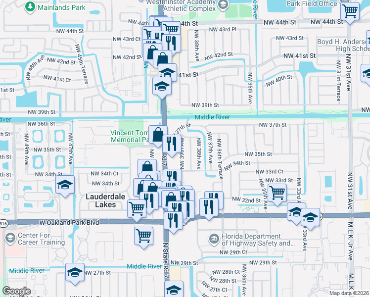 map of restaurants, bars, coffee shops, grocery stores, and more near 3549 Northwest 39th Avenue in Lauderdale Lakes