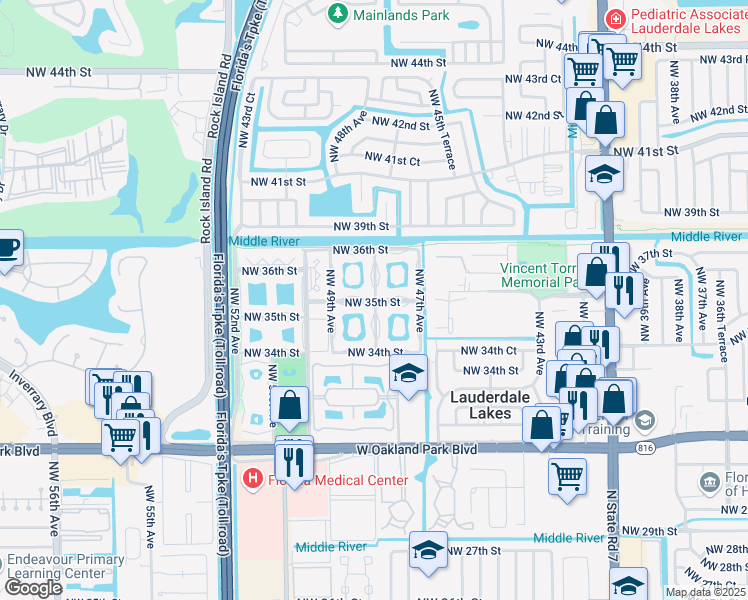 map of restaurants, bars, coffee shops, grocery stores, and more near 4805 Northwest 35th Street in Lauderdale Lakes