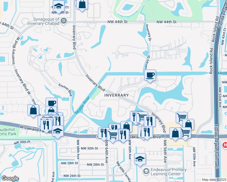 map of restaurants, bars, coffee shops, grocery stores, and more near 3772 Inverrary Boulevard in Lauderhill