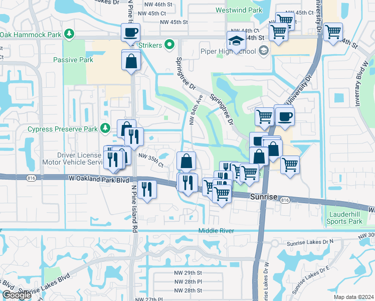 map of restaurants, bars, coffee shops, grocery stores, and more near 3709 Northwest 84th Avenue in Sunrise