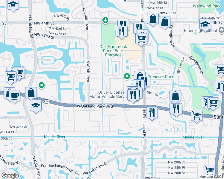 map of restaurants, bars, coffee shops, grocery stores, and more near 3596 Northwest 91st Lane in Sunrise