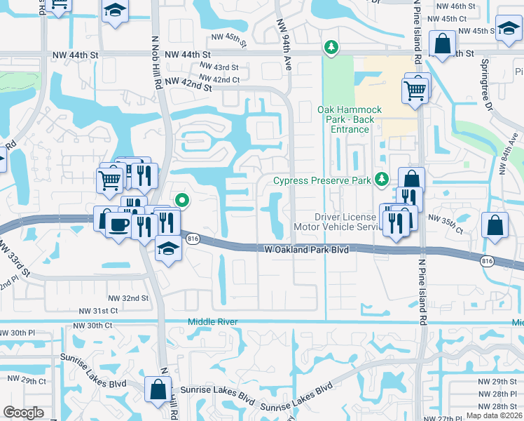 map of restaurants, bars, coffee shops, grocery stores, and more near 3564 Northwest 95th Terrace in Sunrise