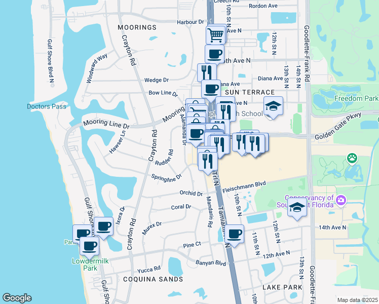 map of restaurants, bars, coffee shops, grocery stores, and more near 1981 Tamiami Trail North in Naples