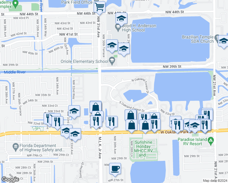 map of restaurants, bars, coffee shops, grocery stores, and more near 2829 Forest Park in Oakland Park