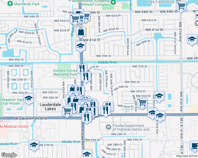 map of restaurants, bars, coffee shops, grocery stores, and more near 3549 Northwest 38th Avenue in Lauderdale Lakes