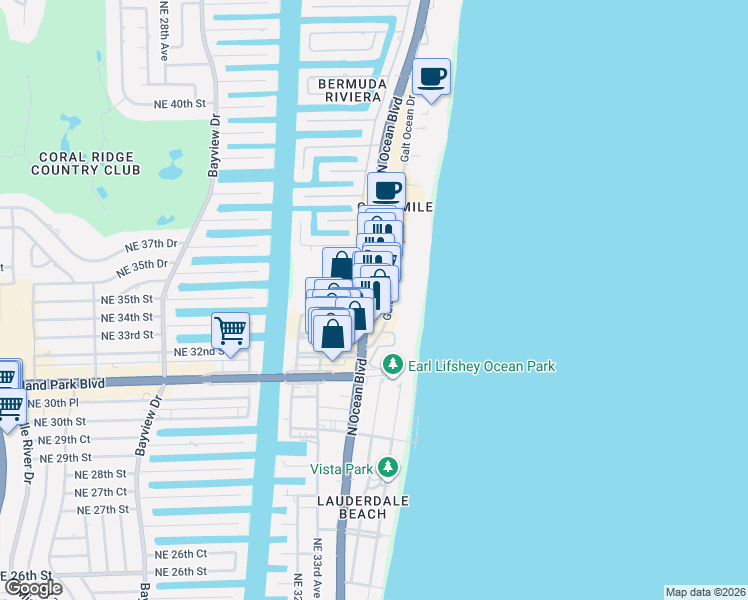 map of restaurants, bars, coffee shops, grocery stores, and more near 3414 Florida A1A in Fort Lauderdale