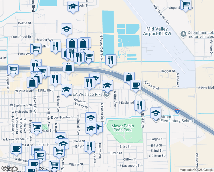 map of restaurants, bars, coffee shops, grocery stores, and more near 901 East Pike Boulevard in Weslaco
