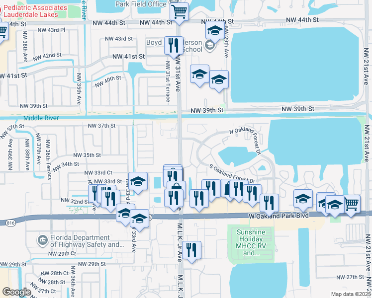 map of restaurants, bars, coffee shops, grocery stores, and more near 3068 South Oakland Forest Drive in Oakland Park