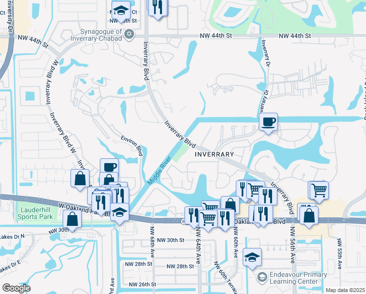 map of restaurants, bars, coffee shops, grocery stores, and more near 3831 Inverrary Boulevard in Lauderhill