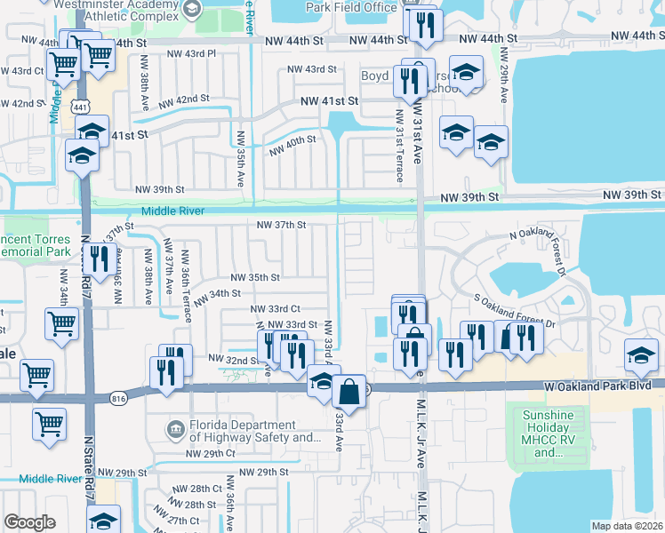 map of restaurants, bars, coffee shops, grocery stores, and more near 3510 Northwest 33rd Avenue in Lauderdale Lakes