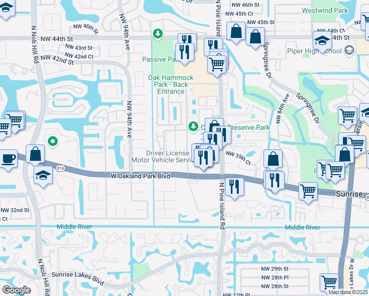 map of restaurants, bars, coffee shops, grocery stores, and more near 3621 Northwest 36th Street in Sunrise