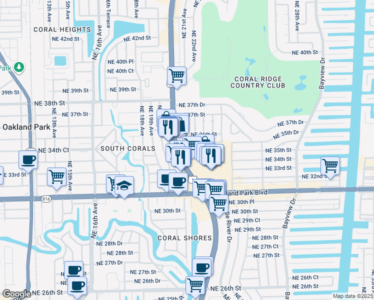 map of restaurants, bars, coffee shops, grocery stores, and more near 3511 Northeast 22nd Avenue in Fort Lauderdale