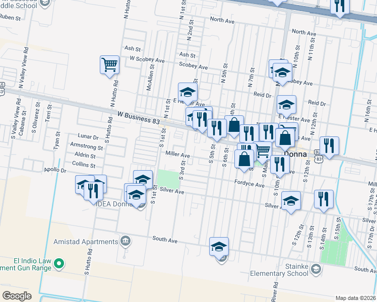 map of restaurants, bars, coffee shops, grocery stores, and more near 118 S 3rd St in Donna