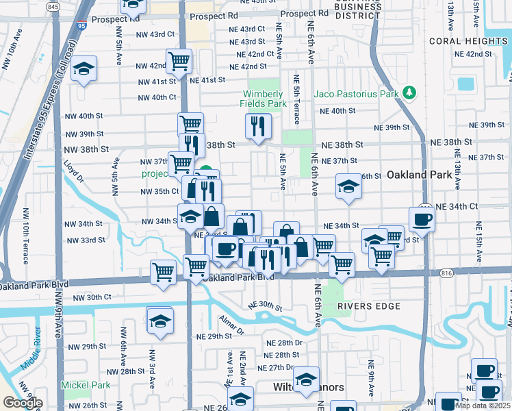 map of restaurants, bars, coffee shops, grocery stores, and more near 301 Northeast 34th Court in Oakland Park