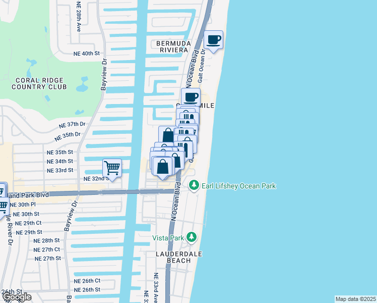 map of restaurants, bars, coffee shops, grocery stores, and more near 3414 Florida A1A in Fort Lauderdale