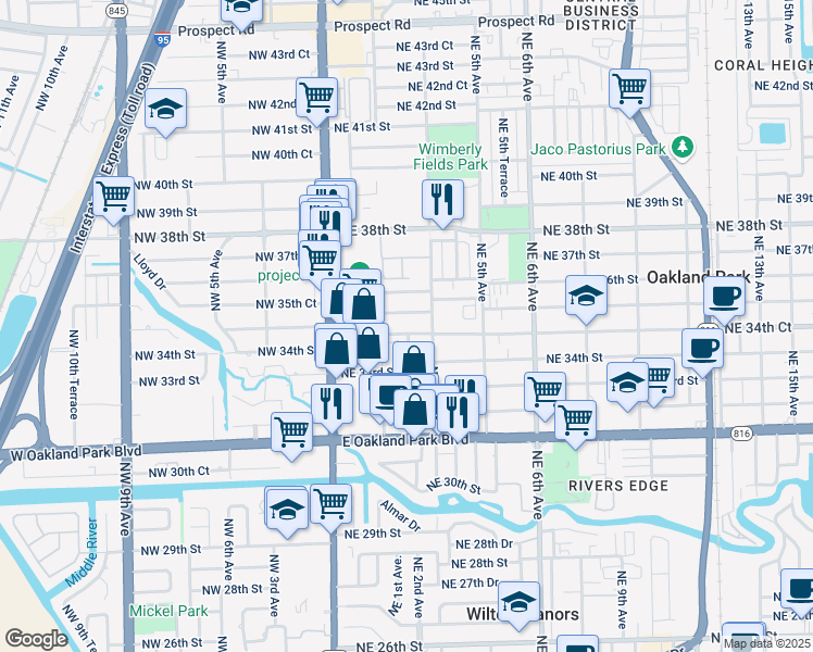 map of restaurants, bars, coffee shops, grocery stores, and more near 251 Northeast 34th Court in Oakland Park