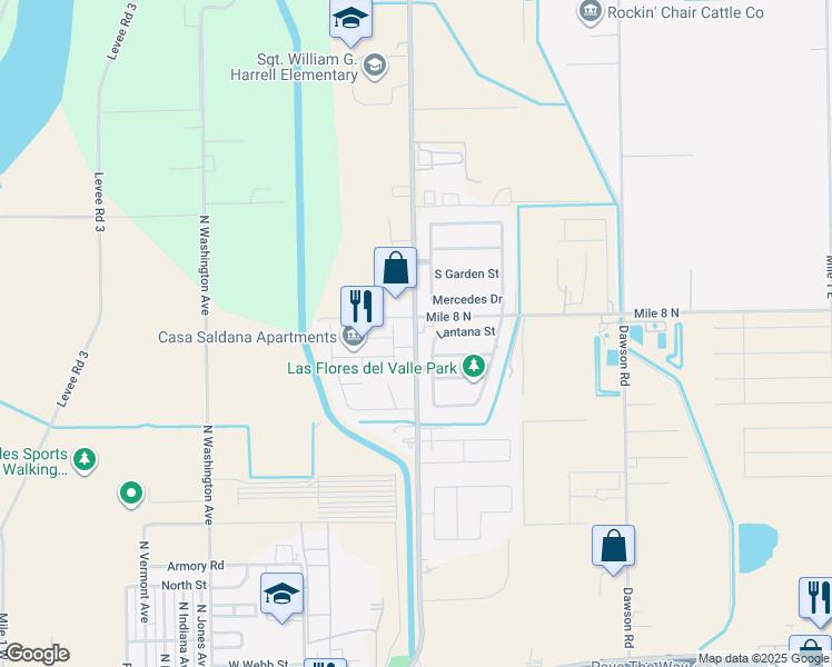 map of restaurants, bars, coffee shops, grocery stores, and more near 1225 North Baseline Road in Mercedes