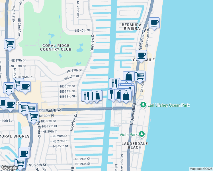 map of restaurants, bars, coffee shops, grocery stores, and more near 2910 Northeast 35th Street in Fort Lauderdale